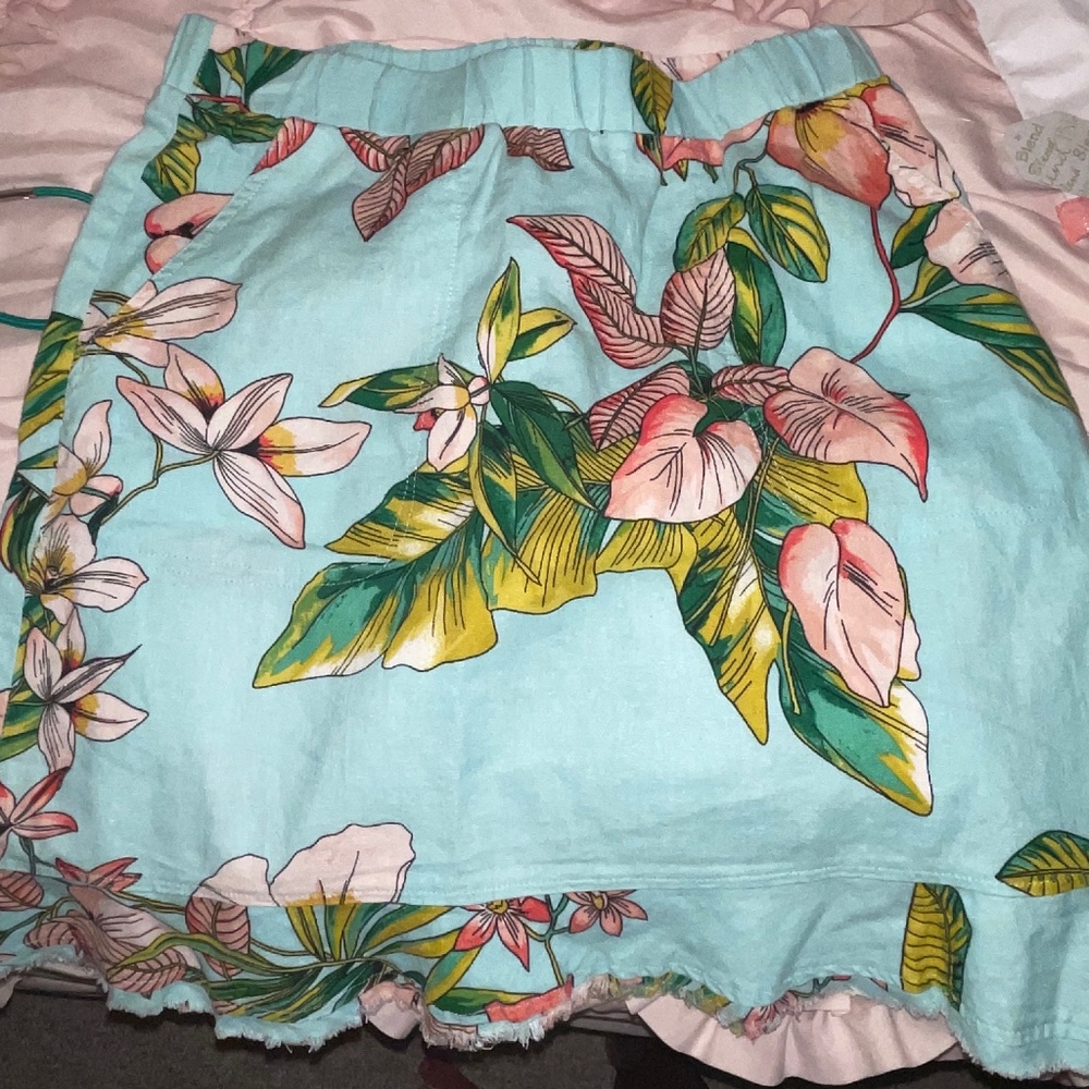 Blue and Coral Linen Floral Skirt